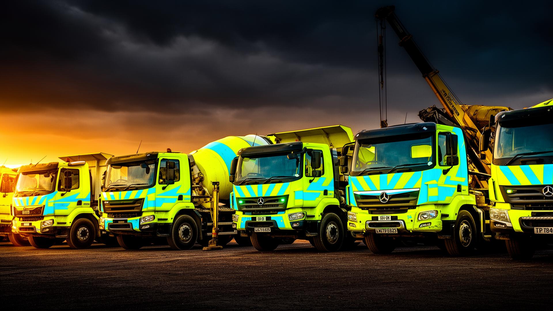 Fleet of hi-vis construction trucks at golden hour